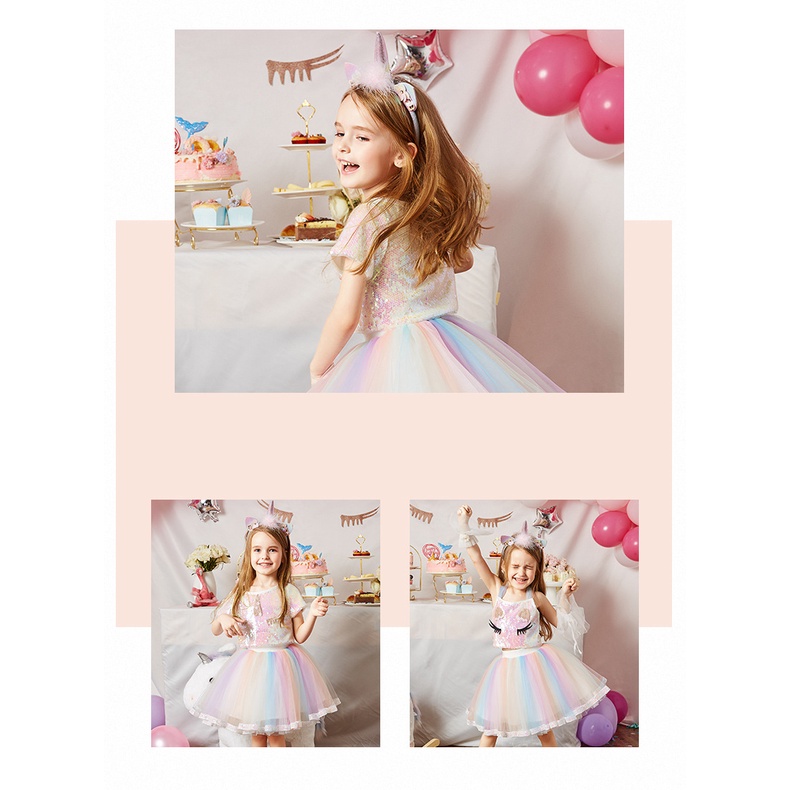 Set trang phục LUCKYCANDY áo thun/ áo yếm họa tiết kỳ lân hoạt hình và chân váy lưới màu cầu vồng xinh xắn cho bé gái