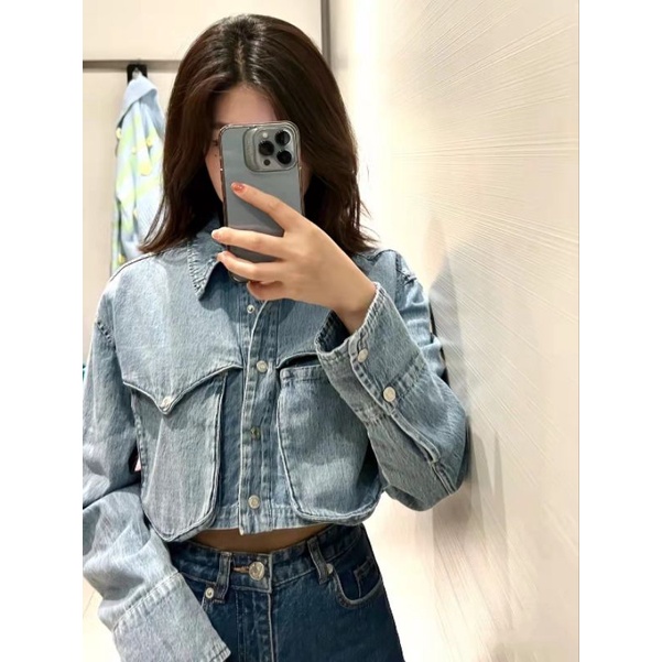 Áo denim croptop dài tay ZR