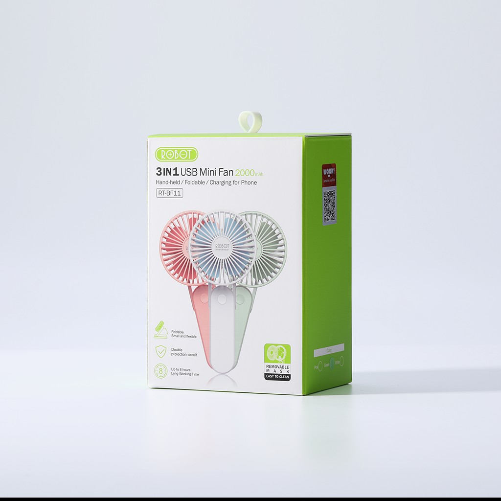 Quạt Mini Cầm Tay ROBOT RT-BF11 Pin 2000mAh - 3 Tốc Độ Gió - Kích Thước Nhỏ Gọn Thuận Tiện Mang Theo Chính Hãng