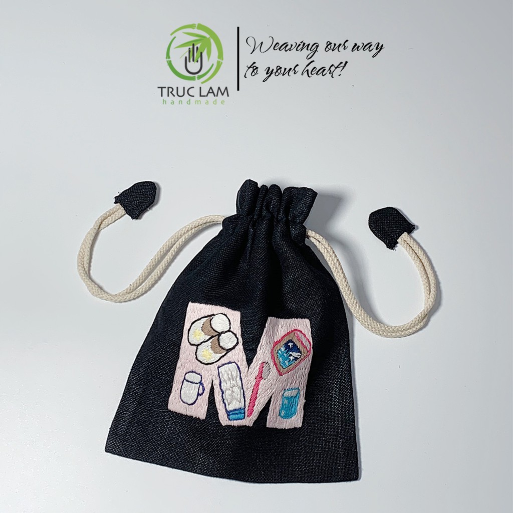 Túi Dây Rút Thêu Tay Họa Tiết Chữ Cái M Phối Hoa Văn Nhiều Màu Sắc - Trúc Lâm Handmade