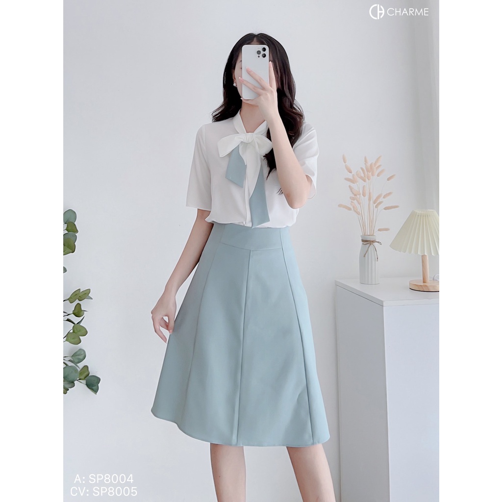 Áo sơ mi nữ trơn tay ngắn cổ phối nơ 2 màu cách điệu thiết kế Charme 8004