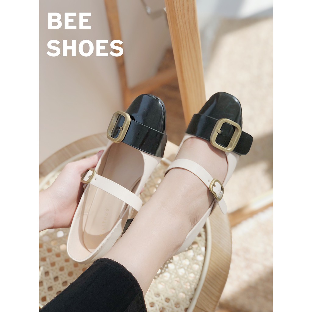 BEESHOES - GIÀY BÚP BÊ NỮ MŨI TRÒN GÓT VUÔNG CAO 3 PHÂN - GIÀY NỮ CHẤT DA TRƠN CAO 3 PHÂN ĐI SIÊU ÊM SẴN MÀU ĐEN-KEM 200