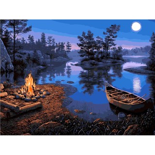 Tranh sơn dầu số hóa tự tô Thuyền trên sông buổi tối - Tặng kèm cọ , màu , khung , Paint by numbers DIY