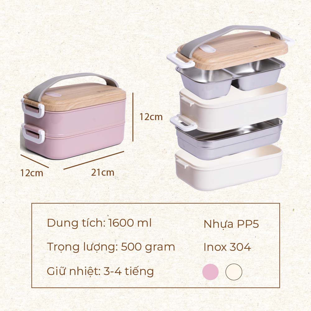 [HÀNG HOT] Hộp cơm Wooden 2 tầng - Lõi inox, tiện ích, mang cơm trưa tiện lợi, quai xách chắc chắn, an toàn