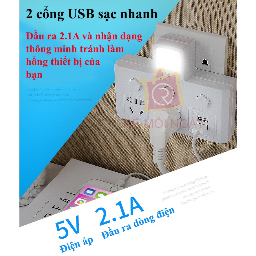 Ổ cắm điện đa năng thêm 2 ổ cắm, 2 cổng USB sạc nhanh 2.1A và đèn ngủ cảm biến tự sáng khi trời tối