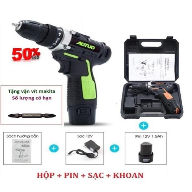 Máy khoan pin cầm tay 12V, máy khoan bắt vít không dây có đảo chiều - Hàng chất