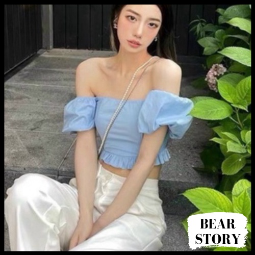 Áo Croptop Trễ Vai Ngắn Tay Bồng Bềnh Bo Chun Nhún Viền Bèo Duyên Dáng - Ak0060 | Bear.story