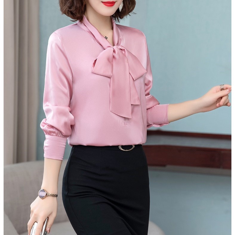 Áo Sơ Mi Kiểu Công Sở Đẹp CHIPY Tay Dài Cổ Thắt Nơ Màu Hồng Chất Lụa Cao Cấp From Rộng Hàn Quốc Ulzzang Vintage A1H | BigBuy360 - bigbuy360.vn