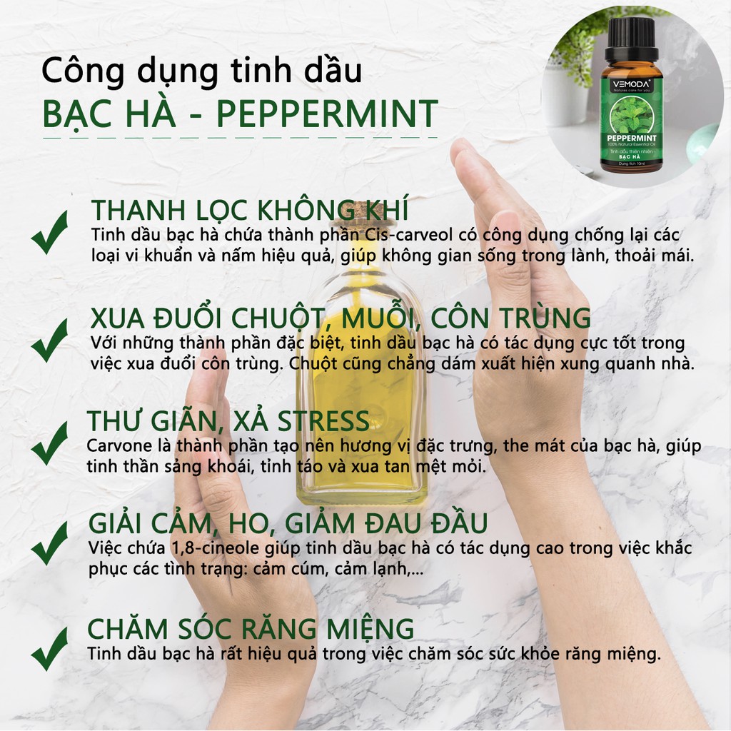 Tinh dầu xông phòng cao cấp Vemoda: tinh dầu Ngọc lan tây + tinh dầu Sả chanh + tinh dầu Bạc hà (10ml/lọ)