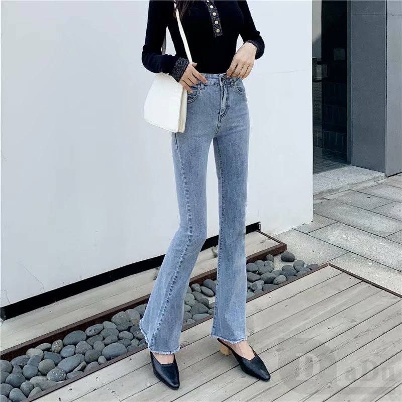 Quần Jean Dài Lưng Cao Ống Loe Màu Trơn Thời Trang Trẻ Trung