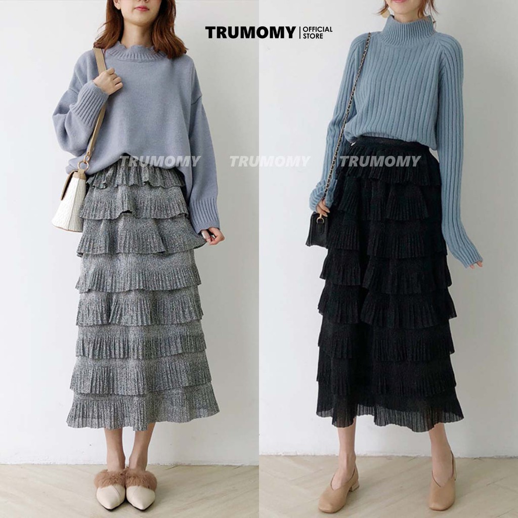Chân váy 8 tầng nhũ dài midi có dập ly nhỏ Quảng Châu 2 lớp, cạp cao, lưng thun- Trumomy | BigBuy360 - bigbuy360.vn