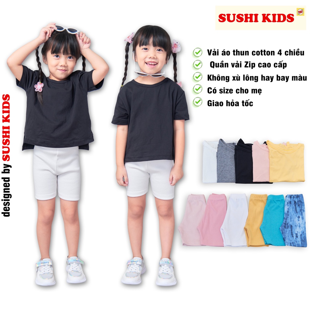 Quần legging áo thun xẻ tà cao thấp màu siêu xinh bé gái và mẹ size 11-55kg,quần legging đùi áo thun rộng phong cách Hàn
