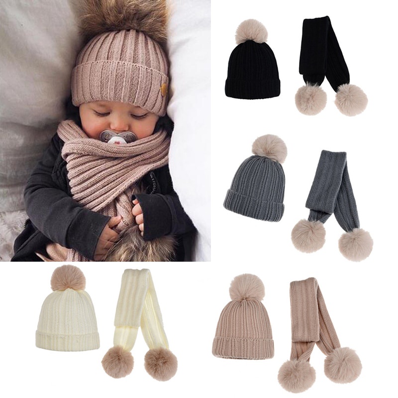 Set 2 Mũ beanie Kèm Khăn Choàng Cổ Giữ Ấm Màu Trơn Dễ Thương Cho Bé
