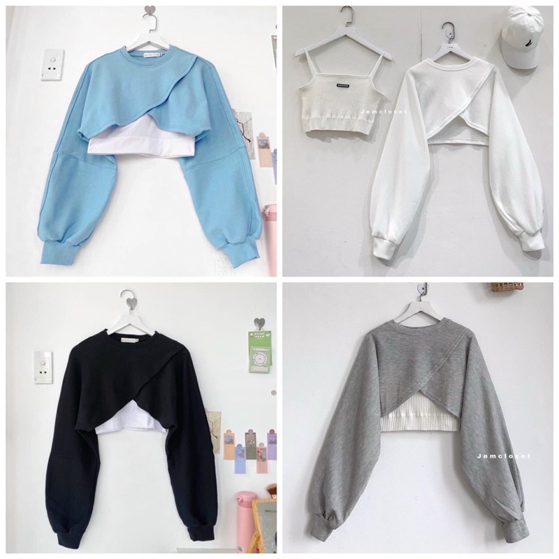 Set 2 áo gồn áo 2 dây kèm áo croptop tay dài đắp chéo - C0N