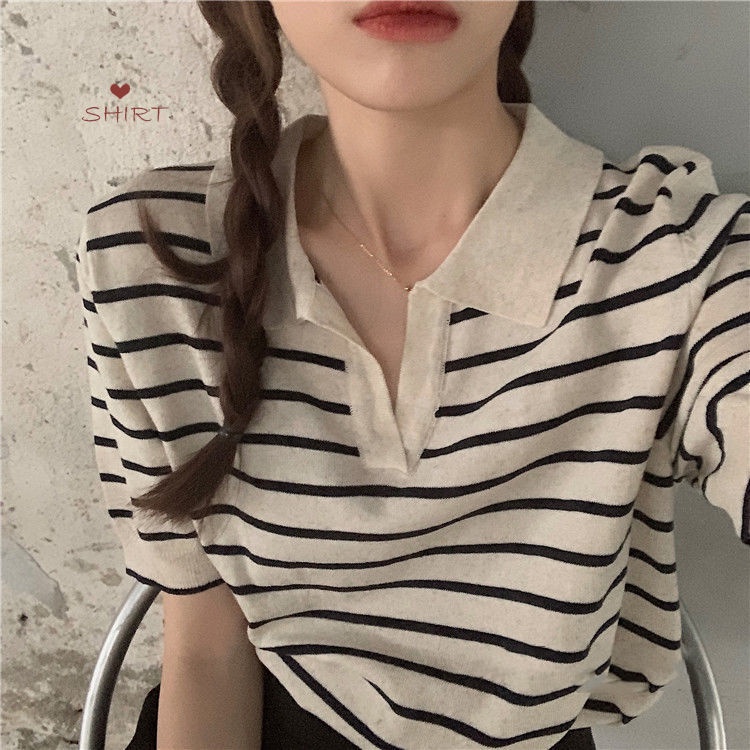 Áo thun RENJIANVSHENG 154712 cổ polo tay ngắn dáng rộng kẻ sọc ngang trẻ trung phong cách retro đơn giản hợp thời trang