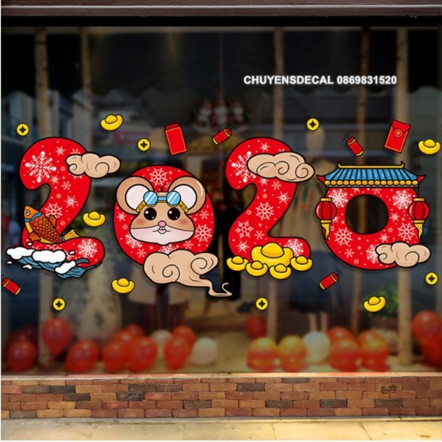 Decal dán tường Tết - 2020 hoa văn đỏ