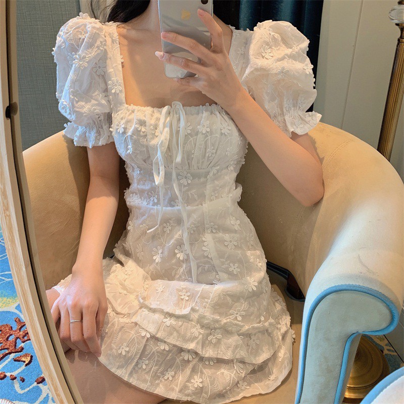 Đầm Tay Phồng Ôm Eo Cổ Vuông In Họa Tiết Hoa Nữ Tính Kiểu Hàn Quốc | BigBuy360 - bigbuy360.vn