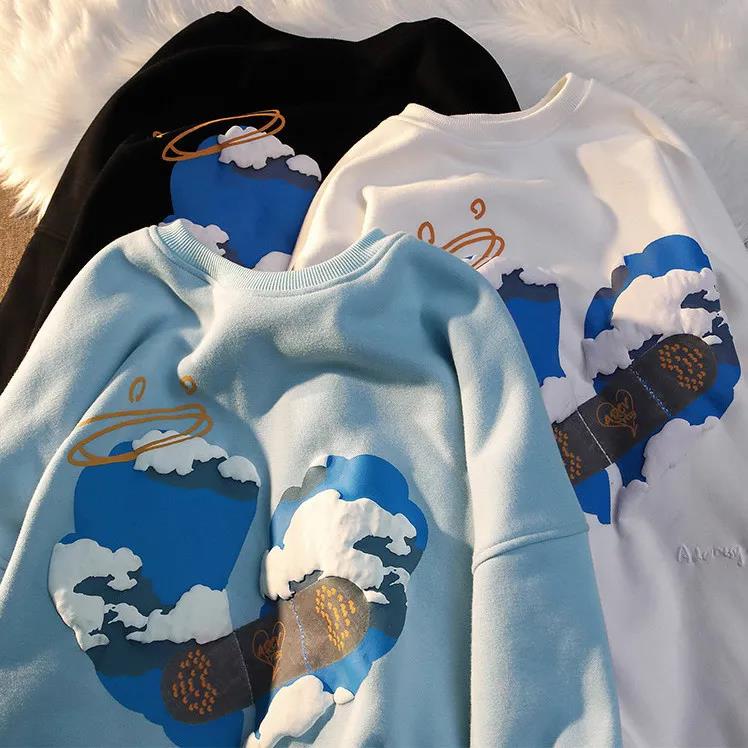 Áo sweater dài tay cổ tròn dáng rộng in họa tiết trái tim kiểu Hàn Quốc cho cặp đôi mùa thu