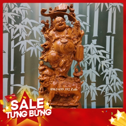 Tượng phật di lặc ngũ phúc đứng nghê gỗ hương cao 60 cm