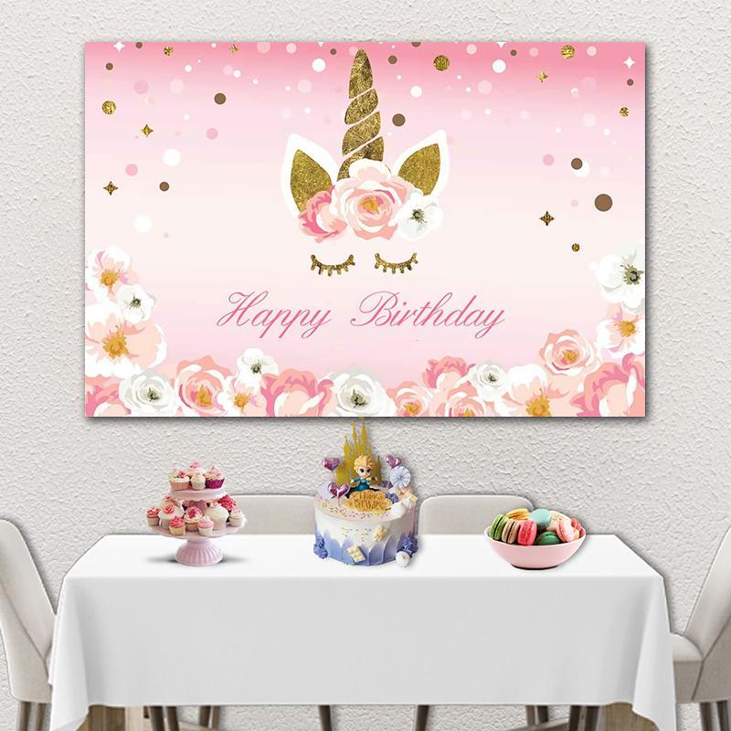 Beautiful Golden Unicorn Flowers Pink Background Girl Birthday Party Decoration Photography Studio 3D Digital Backdrop Cloth