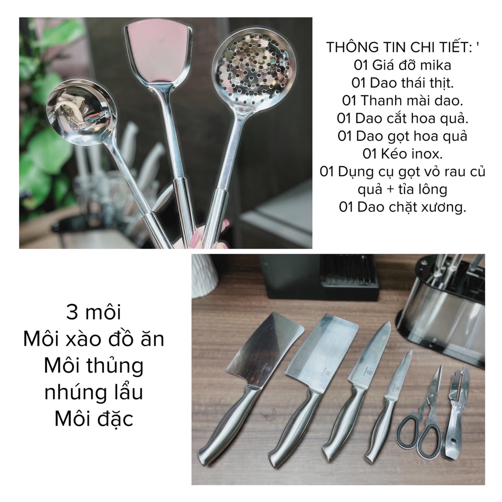 Bộ dao nhà bếp 11 món Kaisa Villa cao cấp đa năng Inox, chống gỉ siêu sắc bén, siêu bền KV9904, kèm giá đỡ