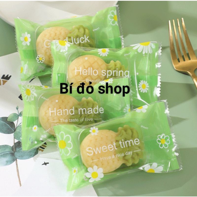 Túi 7*12 cm - Set 100 túi bánh dứa, hạnh nhân bánh gạo lứt TRONG SUỐT CÚC TRẮNG NỀN XANH hàn miệng