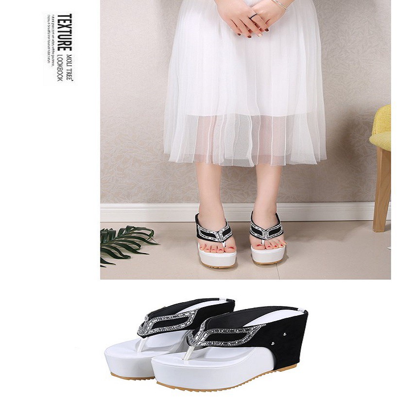 ⚡ Dép đế xuồng nữ chất nhung lì ép đá - Dép đế xuồng cao 10cm - Dép nữ màu đen - NA001