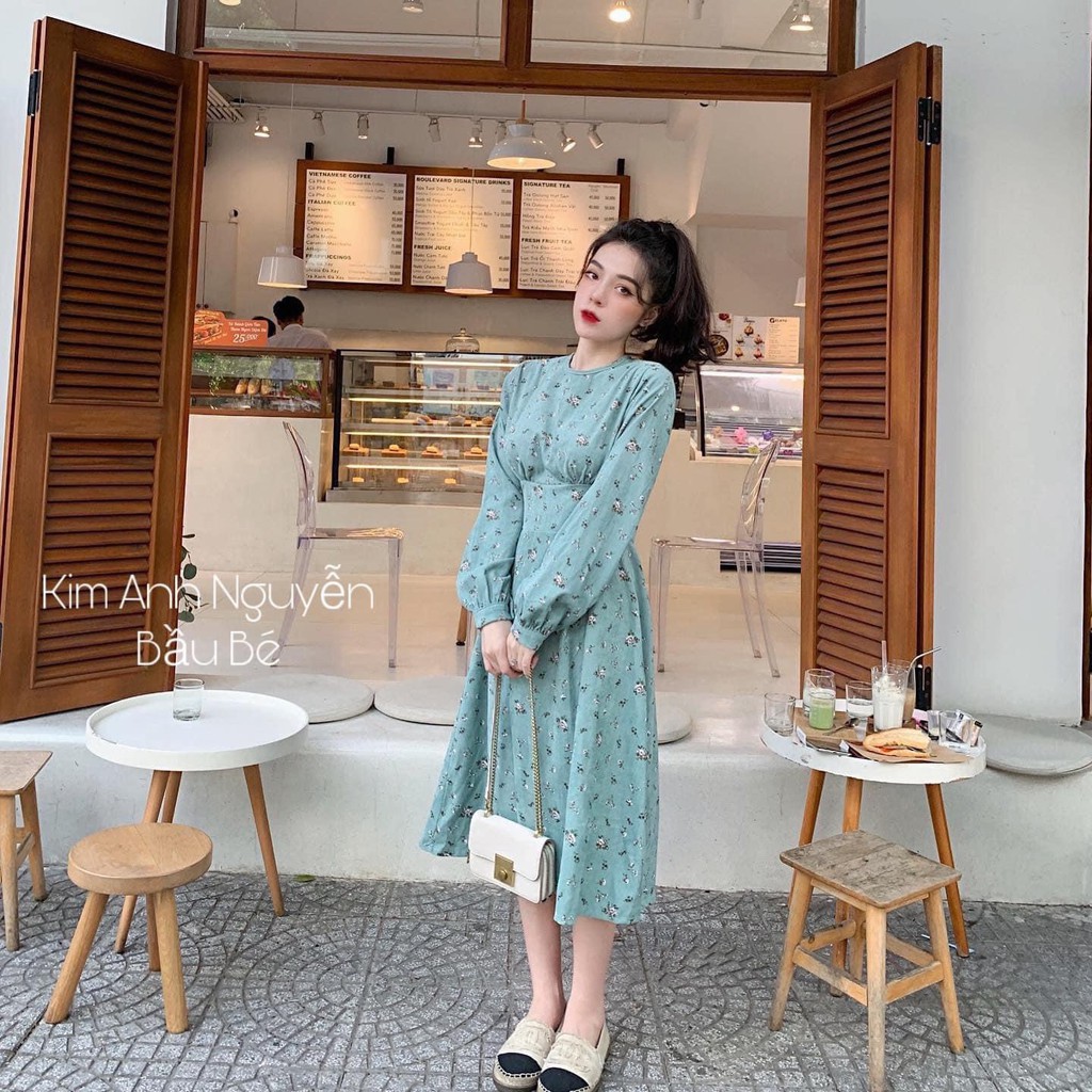 Váy Nhung Nữ, Đầm Xòe Cổ Tròn Tay Phồng Hoa Nhí Tiểu Thu Dễ Thương Cho Phái Đẹp.