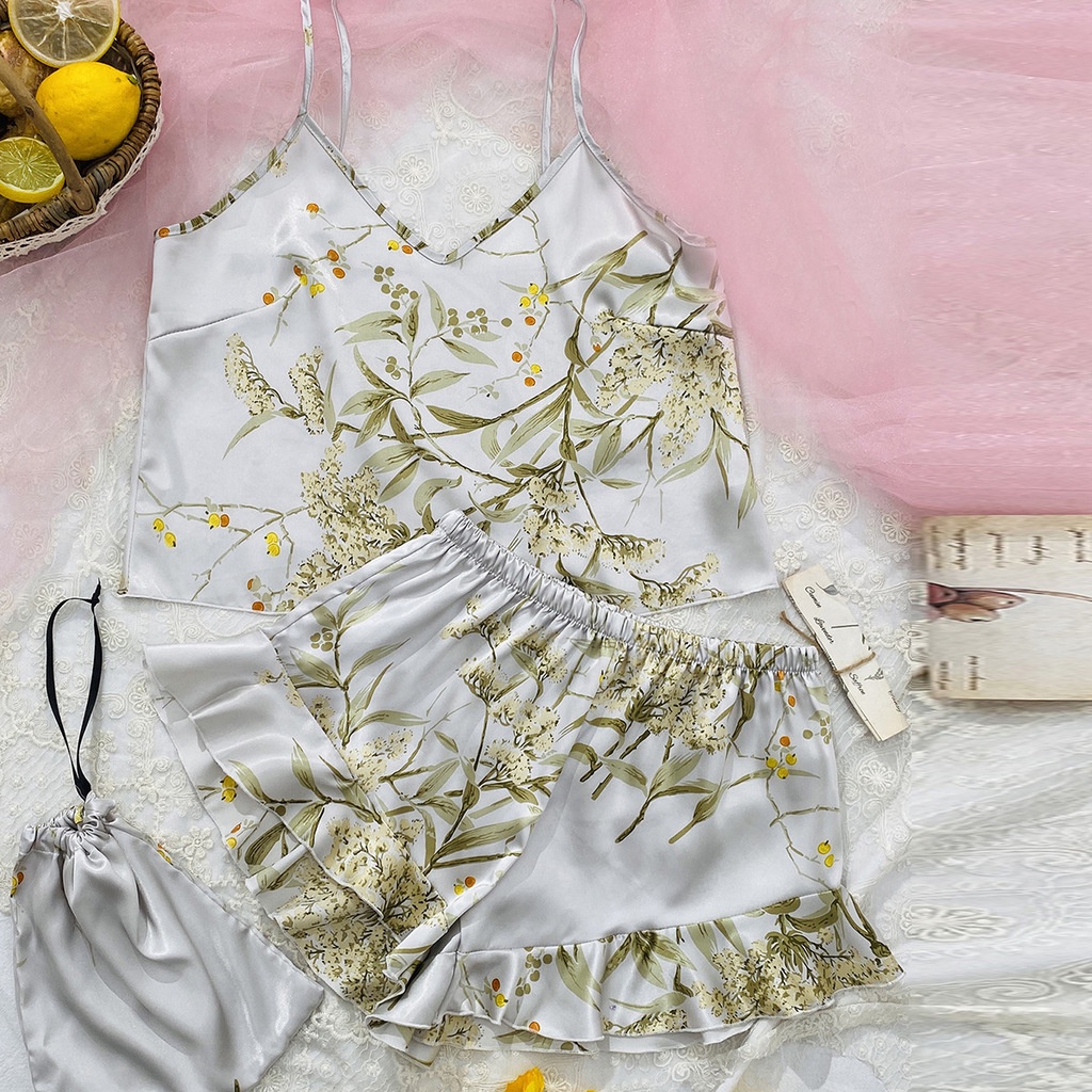 Bộ Đồ Ngủ Pijama 3 Món Vải Lụa Lạnh In Họa Tiết Thời Trang Gợi Cảm