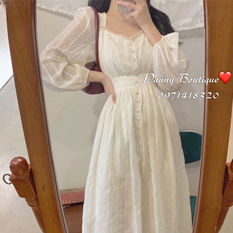 Đầm voan thêu nổi cổ vuông nút ngọc, style ulzzang Hàn Quốc 🌻 Panny Boutique 🌻