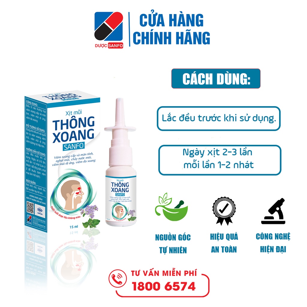 Xịt mũi thông xoang sanfo hỗ trợ điều trị viêm xoang cấp và mãn tính, viêm mũi dị ứng, bình xịt 15ml