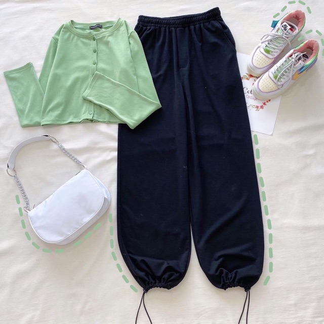 Set LongPants Basic-CropTop Nút Basic Tay Dài Ảnh Thật 100%