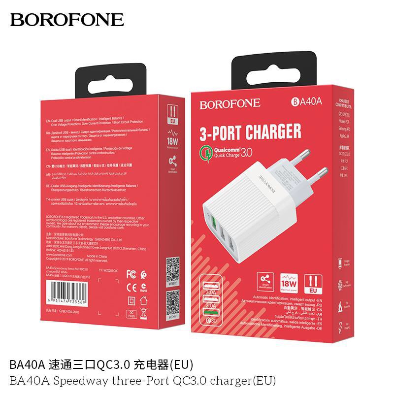 Cốc/Củ sạc nhanh QC 3.0 BOROFONE BA40A 3 cổng USB chính hãng, hỗ trợ sạc nhanh tối đa 18W