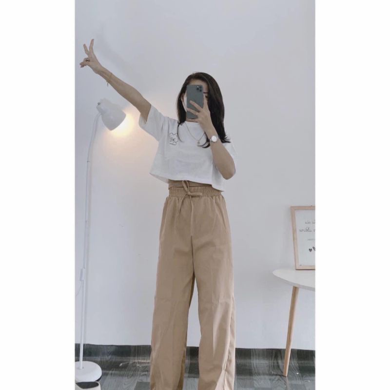 Set Croptop 3 Món Quần Chun Suông, Chất Cotton Xinh
