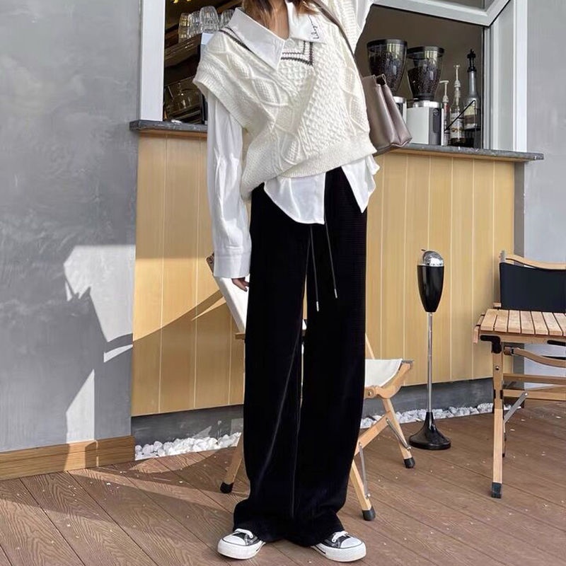 Jiashucheng Quần Dài Ống Rộng Dáng Suông Vải Lông Cừu Nhỏ Nhắn Eo Cao