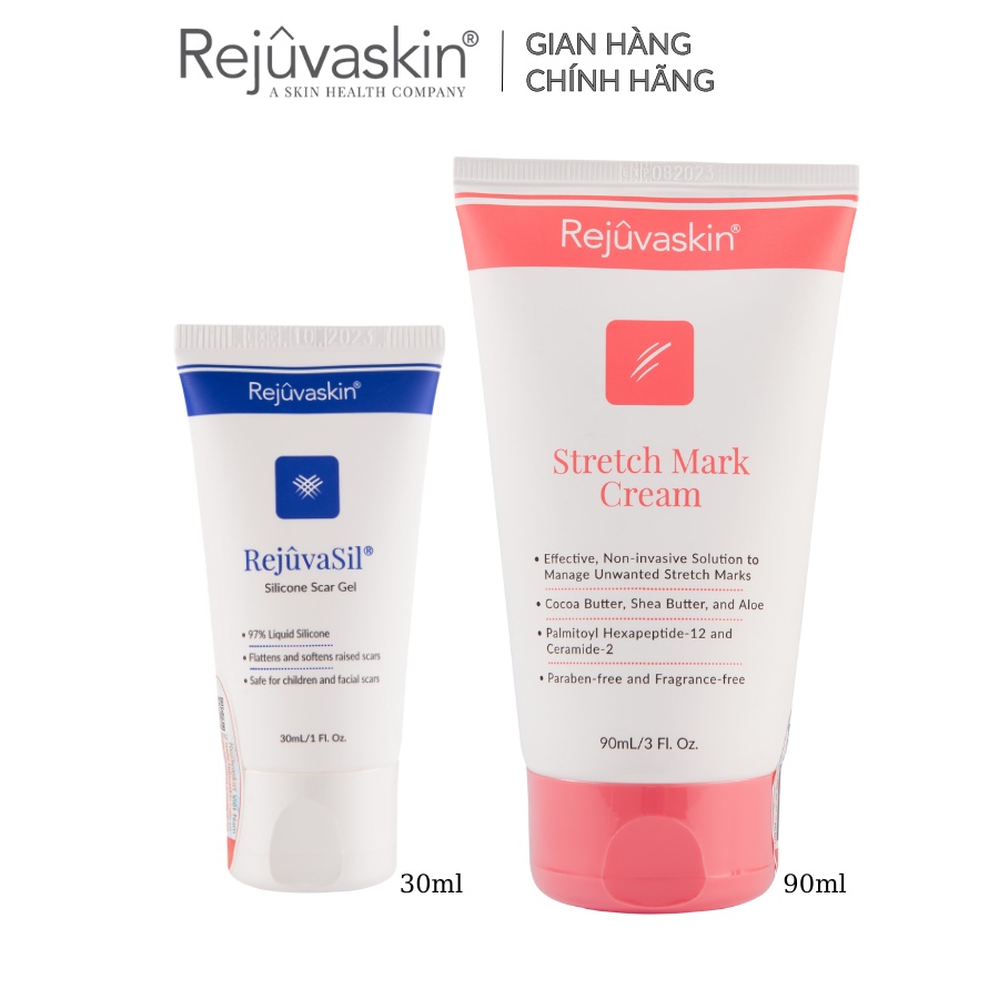 Combo chăm sóc da Rejuvaskin làm xẹp sẹo lồi, sẹo phì đại Silicone Rejuvasil Gel 30ml và làm mờ vết rạn da 90ml