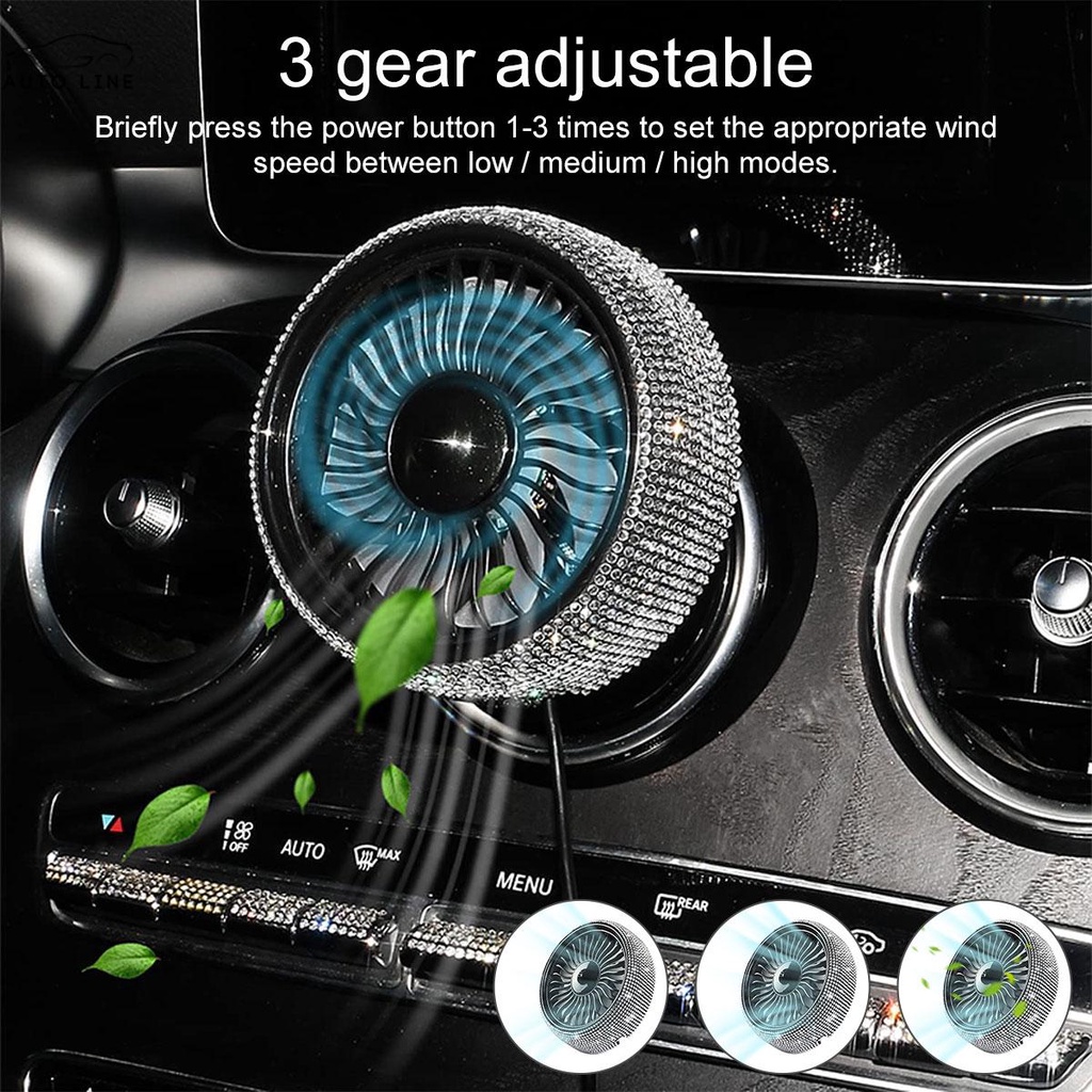 Quạt Làm Mát 3 Tốc Độ 3 Tốc Độ Xoay 360 Độ Cho Xe Hơi° Quạt Xoay Có Đèn LED Pha Lê Lấp Lánh Gắn Lỗ Thông Gió Xe Hơi SHOPCYC0150