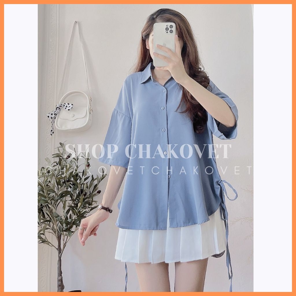Áo babydoll nữ tay ngắn buộc nơ CKA865, mẫu áo sơ mi nữ form rộng xẻ tà 2 bên thắt nơ siêu xinh freesize &lt;53kg mẫu mới