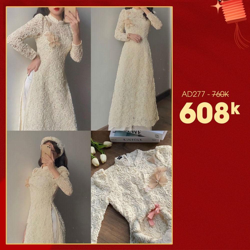 Áo Dài Ren Sừng 4 Tà Cao Cấp , Áo Dài Truyền Thống Vai Bồng May Sẵn