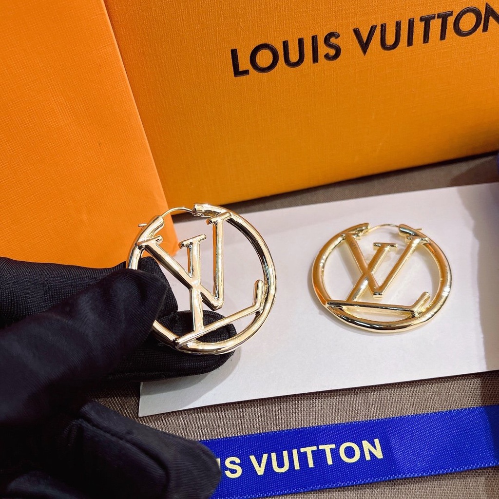 LOUIS VUITTON Khuyên Tai Tròn Mạ Bạc S925 Họa Tiết Chữ LV Sang Trọng Dành Cho Nữ