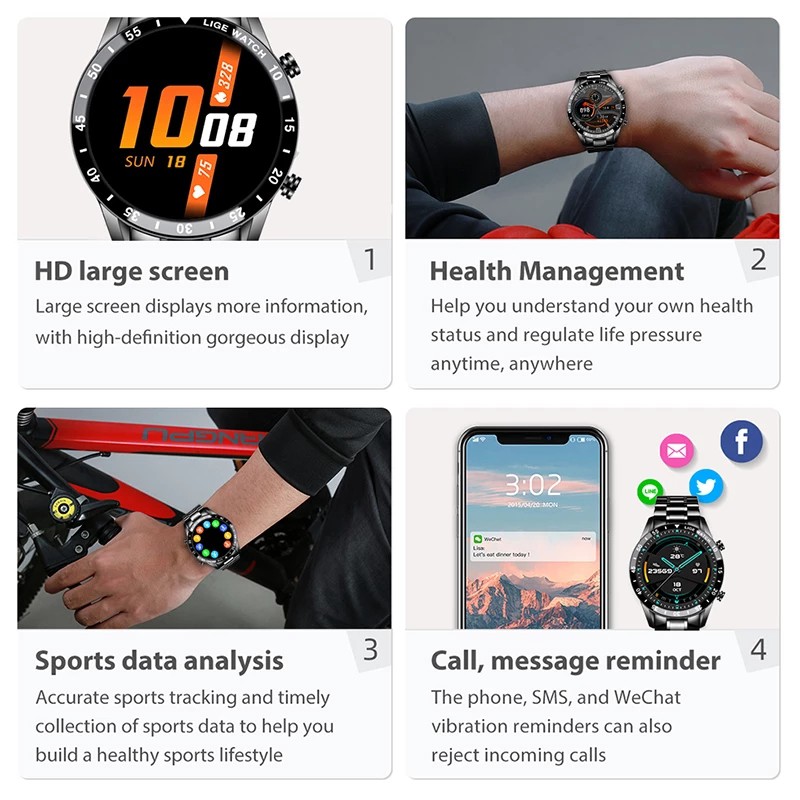 Đồng hồ thông minh LIGE Thể thao nguyên bản Màn hình cảm ứng đầy đủ Bluetooth chống nước cho Android iOS
