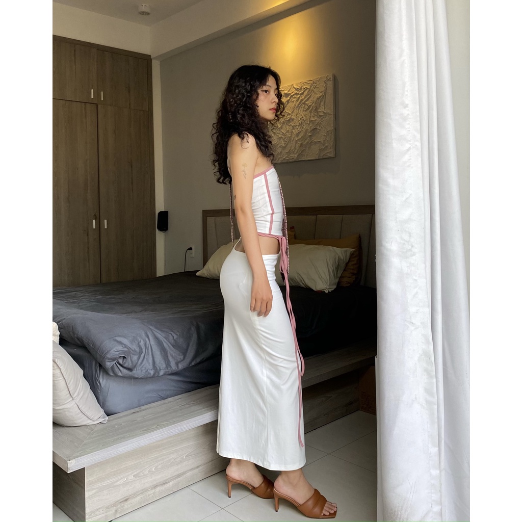 TMRSTUDIOS - CHÂN VÁY CẠP LỆCH BUỘC DÂY TRẮNG HỒNG - MIND MIDI SKIRT