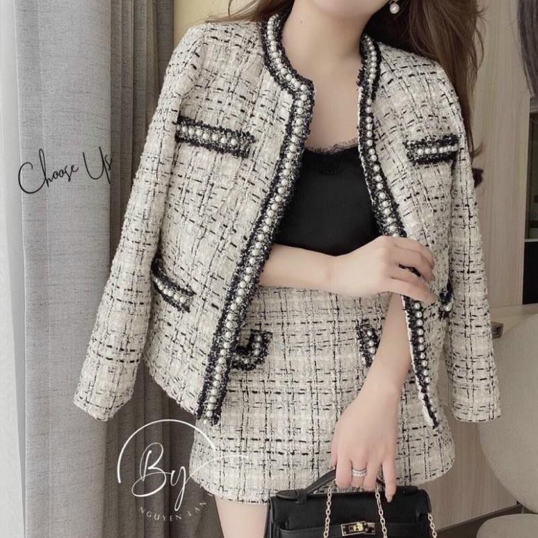 [Mã WAJAN27 hoàn 15% xu đơn 300k] Áo Dạ TWEED Đính Ngọc Hàn Quốc Choo