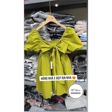 Váy thô cổ vuông tay bồng hở lưng nơ lưng form baby doll siêu đẹp