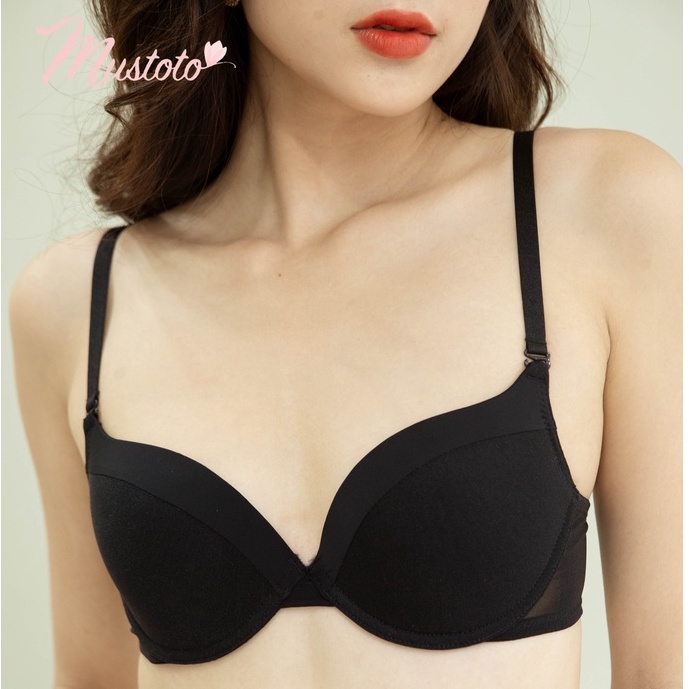 Bộ Đồ Lót Nữ Trơn Phối Lưới Có Gọng Mút Mỏng Thoải Mái Màu Đen (Mustoto MA43 MQ45)