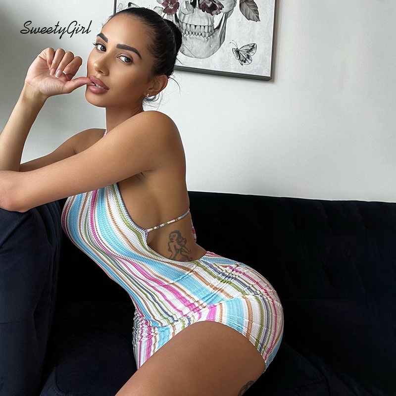 Đầm Mini Cổ Yếm Không Tay Họa Tiết Kẻ Sọc Màu Sắc Thời Trang Quyến Rũ Cho Nữ 2022