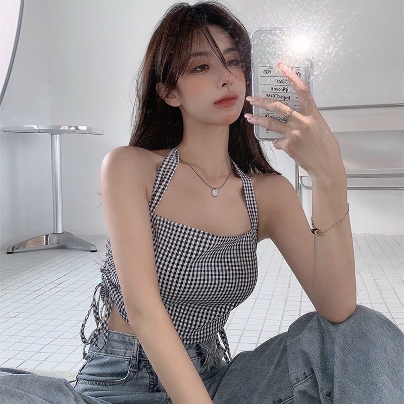 [Ảnh Thật] ÁO YẾM CARO RÚT DÂY 2 BÊN EO SẴN MÚT NGỰC CHIZISHOP SIÊU ĐÁNG YÊU CRT95