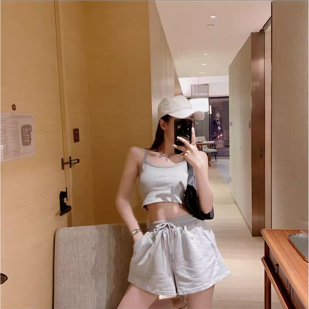 Set Áo Khoác Nỉ Tay Bồng Phối Croptop 2 Dây Mix Short Nỉ Ulzzang (2 Màu)