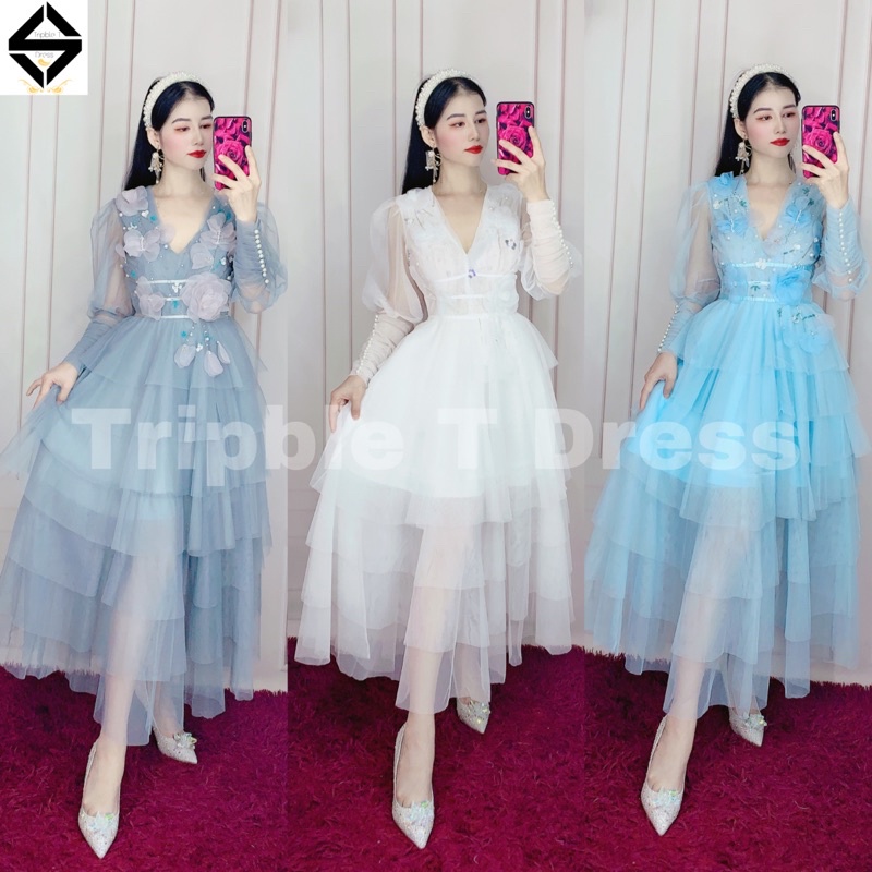 Đầm xoè tay dài lưới tầng xếp kết hoa nổi TIPBLE T DRESS -MS27V-Size S/M/L/XL đến 64kg