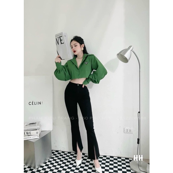 Áo sơ mi croptop xanh lá 1 túi tag kim loại